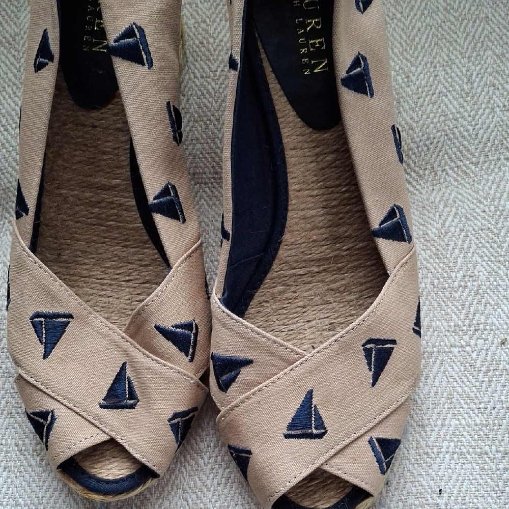 Lauren Ralph Lauren Tan Canvas Flats with Navy Sailboat Embroidery - Picture 3 of 7